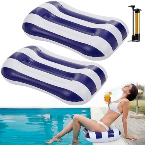 Seenelling 2 Pcs Inflatable Poolside Chair Blow up Beach Seat Dark Blue Striped