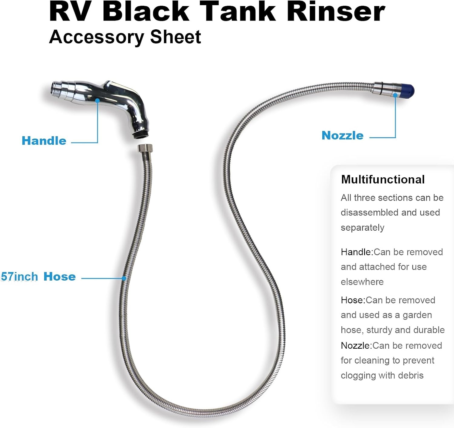 COOSPIDER RV Black Tank Flexible Swivel Stick Rinser 57 Inch, Stainless Steel