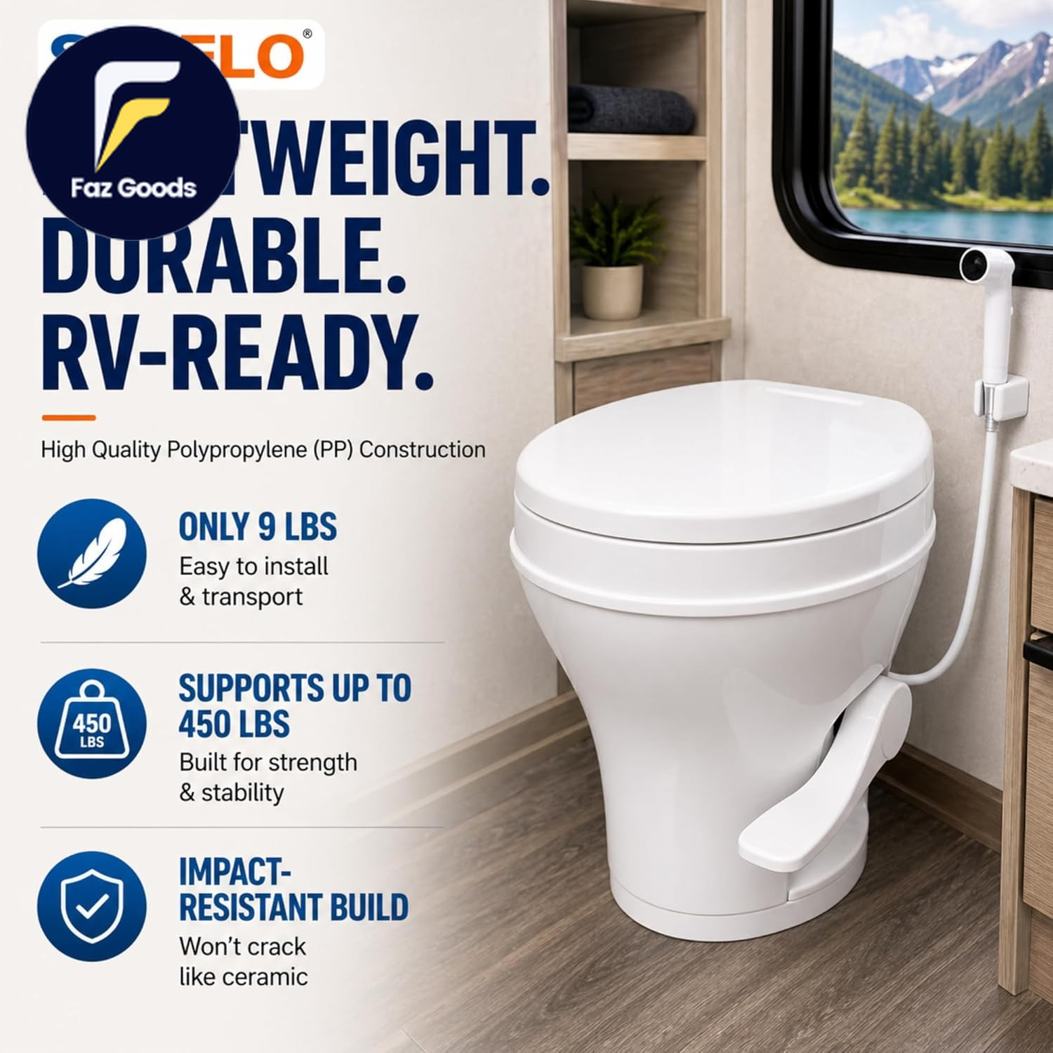 RV Toilet with Sprayer Attachment White 18.4” Residential Height, Gravity Flush