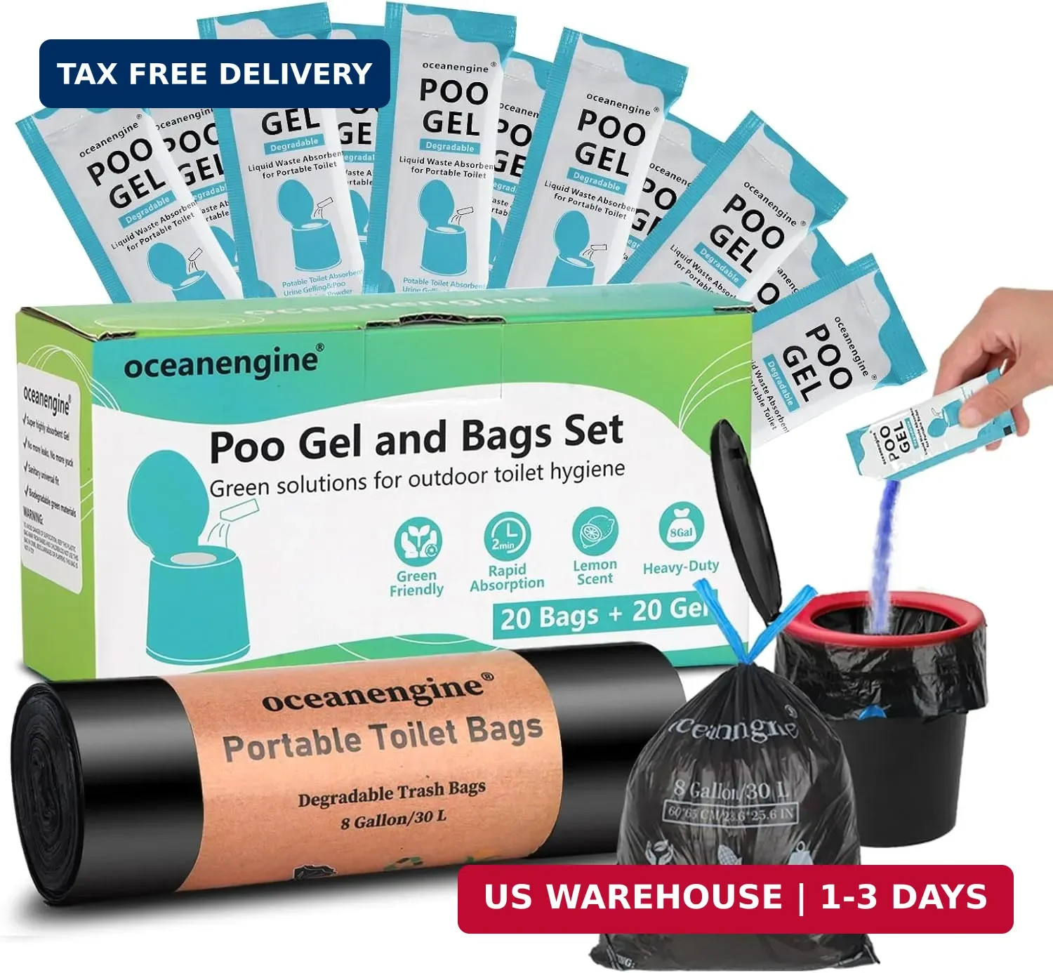 oceanengine Portable Toilet Bags Poo Gel Set, 8 Gallon Camping Toilet Bags with