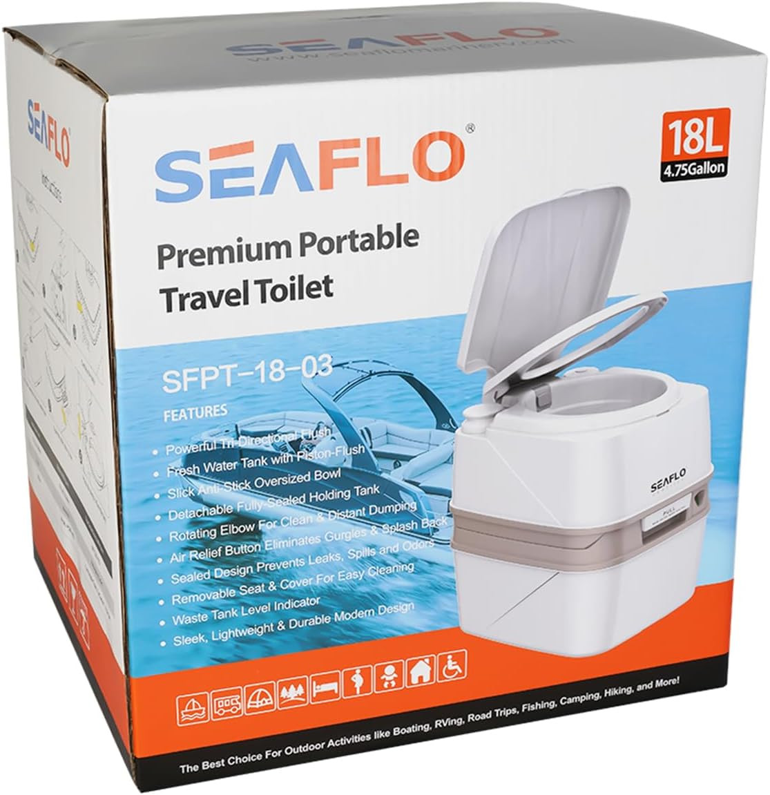 SEAFLO 12L Premium Portable Travel Toilet – 3.2 Gallon Waste Tank, 2.6 Gallon Fr