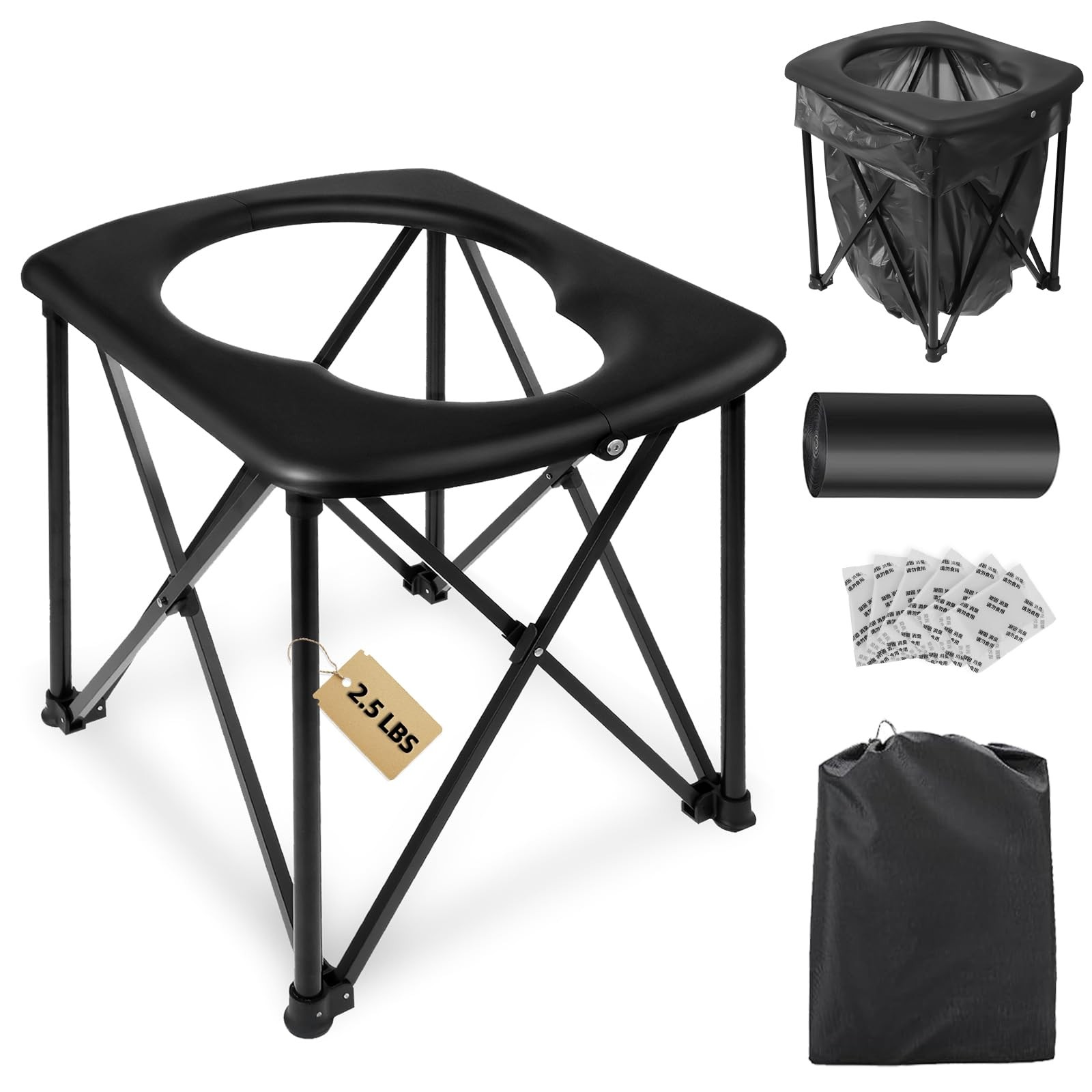 15.6” Portable Toilet for Camping, Ultralight Foldable Camping XL, Black