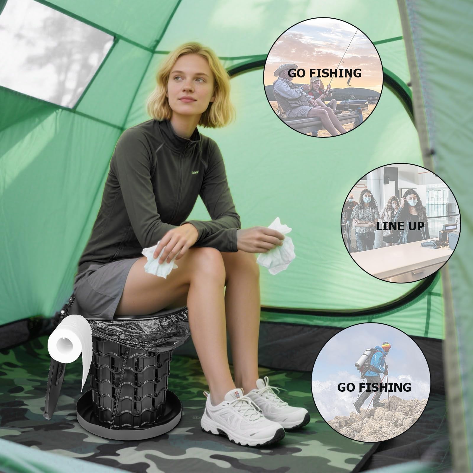 XXL Portable Retractable Camping Toilet – Adjustable Height, 440lbs Capacity, Co