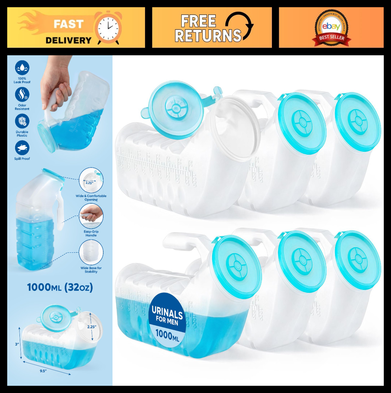 Portable Glow-in-the-Dark Urinals for Men – 6 Pack Reusable 32oz Bedside Pee Bot