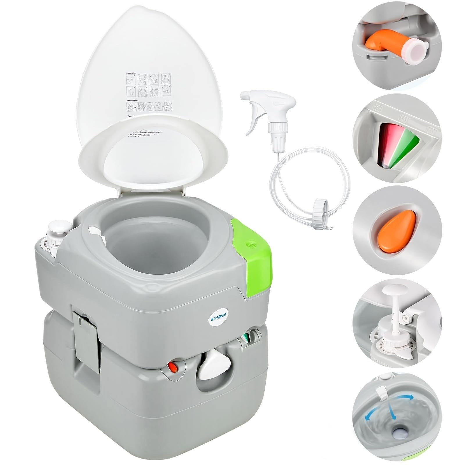 Kohree Portable Camping Toilet 5.3 Gal with Elongated Bowl for RV, Boat, Home