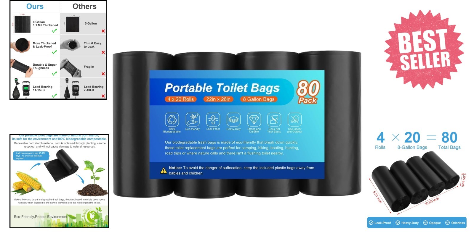 8 Gallon Compostable Toilet Bags – 80 Count – Ideal for Camping & Travel