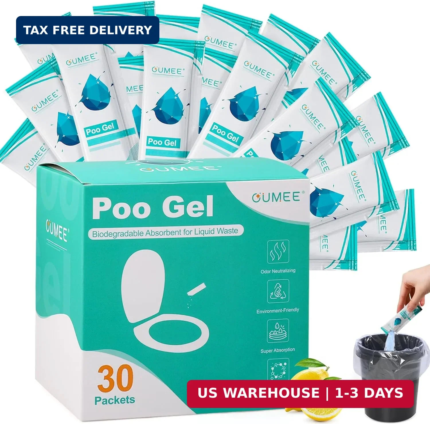 OUMEE Portable Toilet Gel, Poo Gel for Potty, Lemon, 30 Pack | Camping Toilet Po