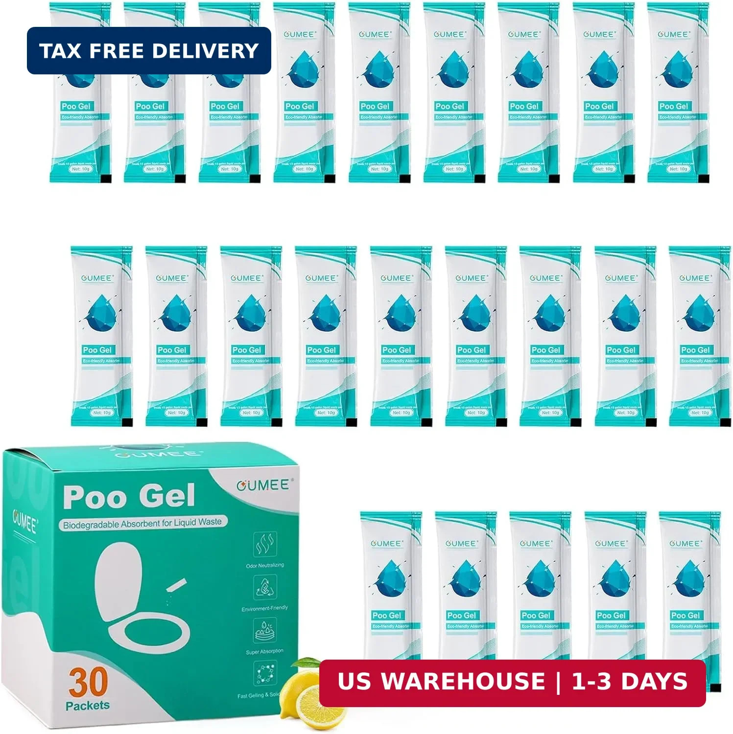 OUMEE Portable Toilet Gel, Poo Gel for Potty, Lemon, 30 Pack | Camping Toilet Po