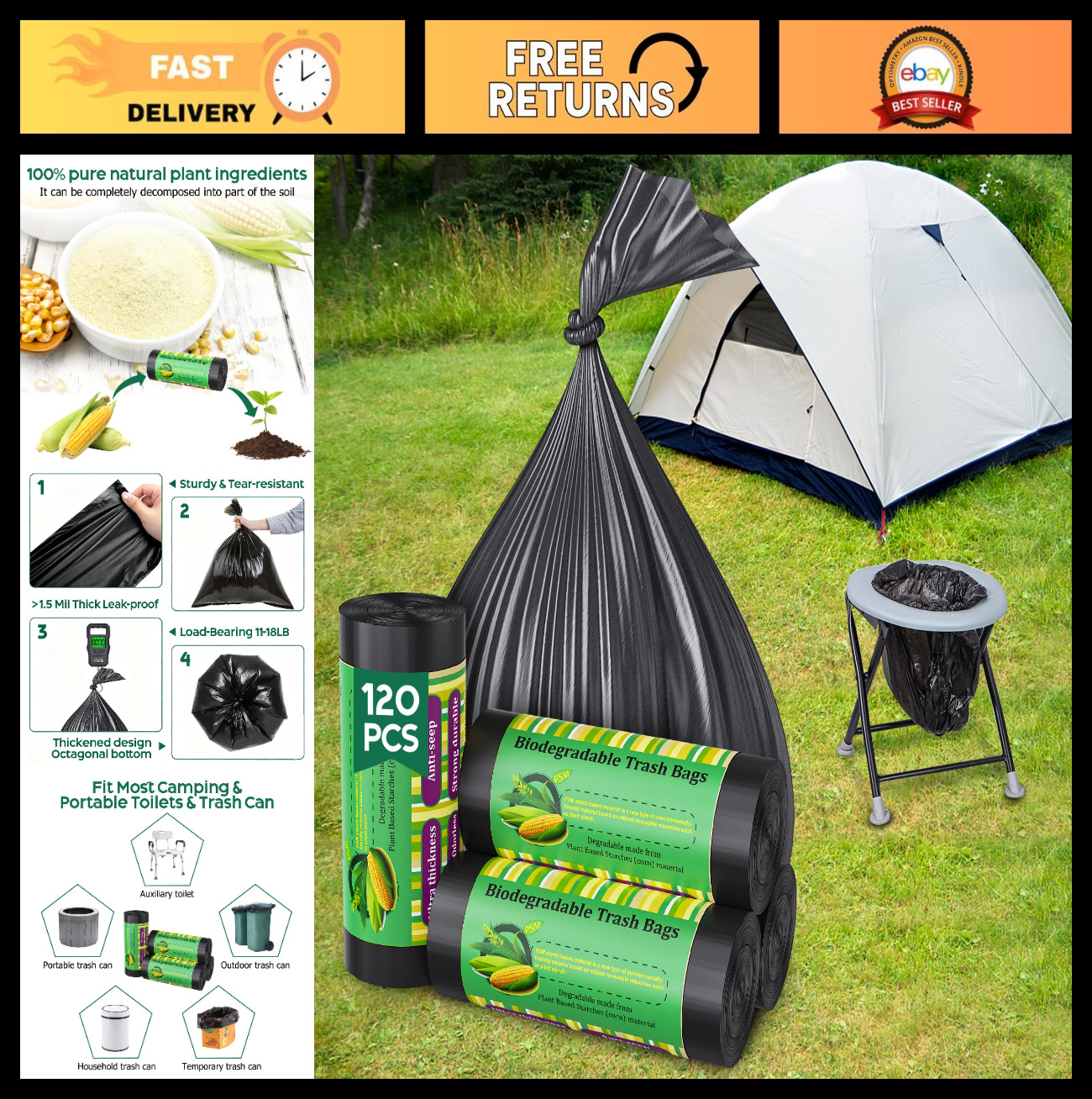 120 Biodegradable Camping Toilet Bags – Thickened 5-8 Gallon Emergency Waste Bag