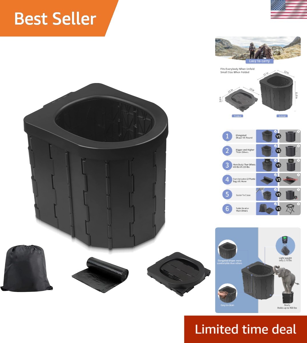 Portable Camping Toilet – Elongated Comfortable Potty for Adults & Kids