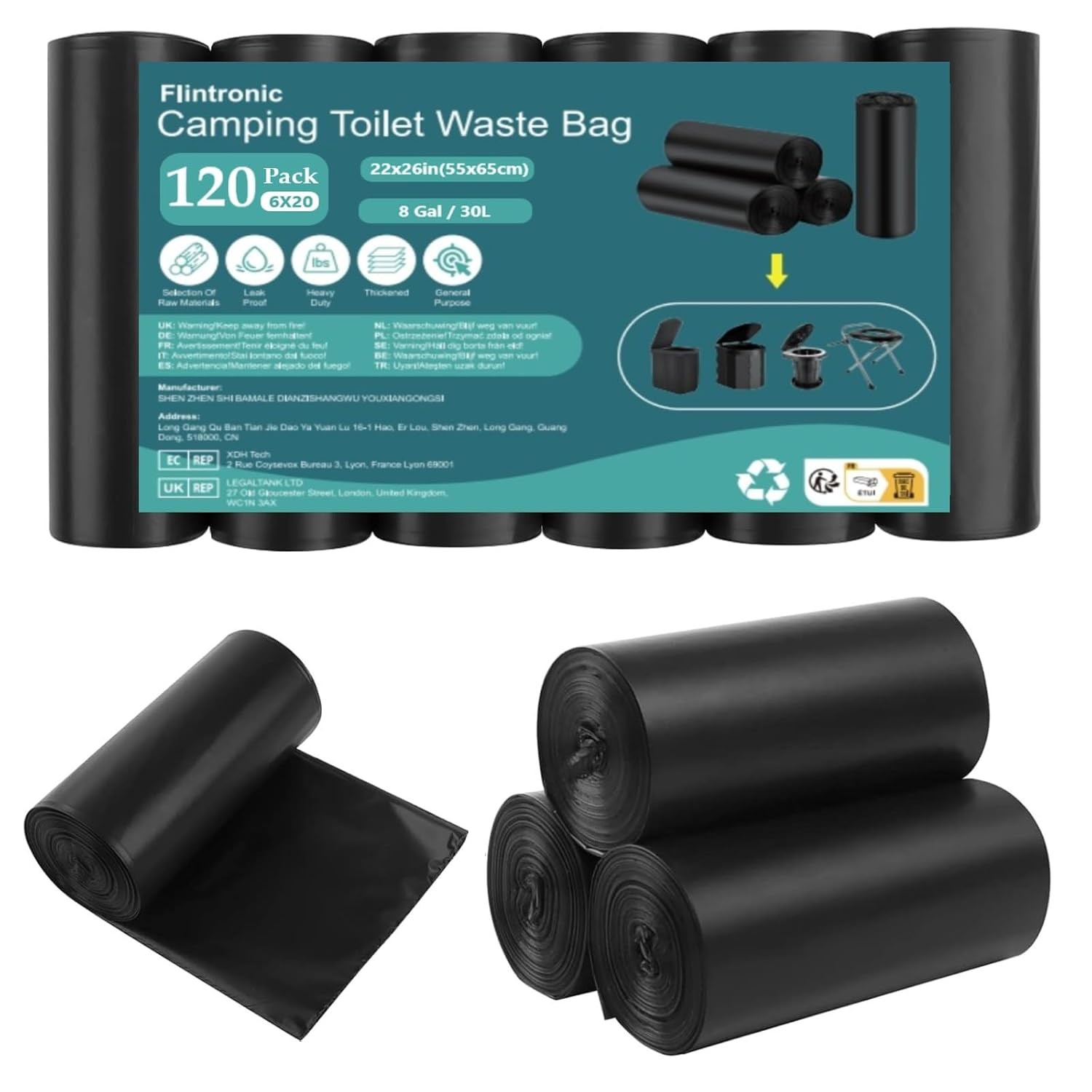 Flintronic Camping Toilet Bags, 120 PCS (6 Roll) Portable Toilet Bags, Thickened