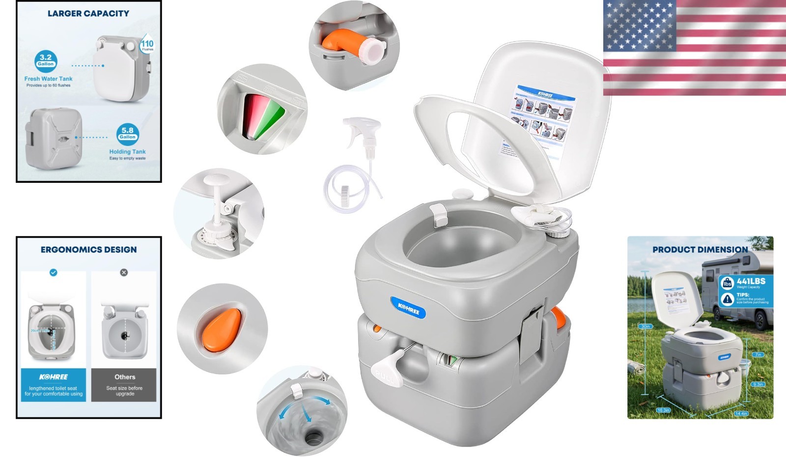 Portable RV Toilet, Camping Toilet Porta Potty, 5.8 Gallon Detachable Waste T…