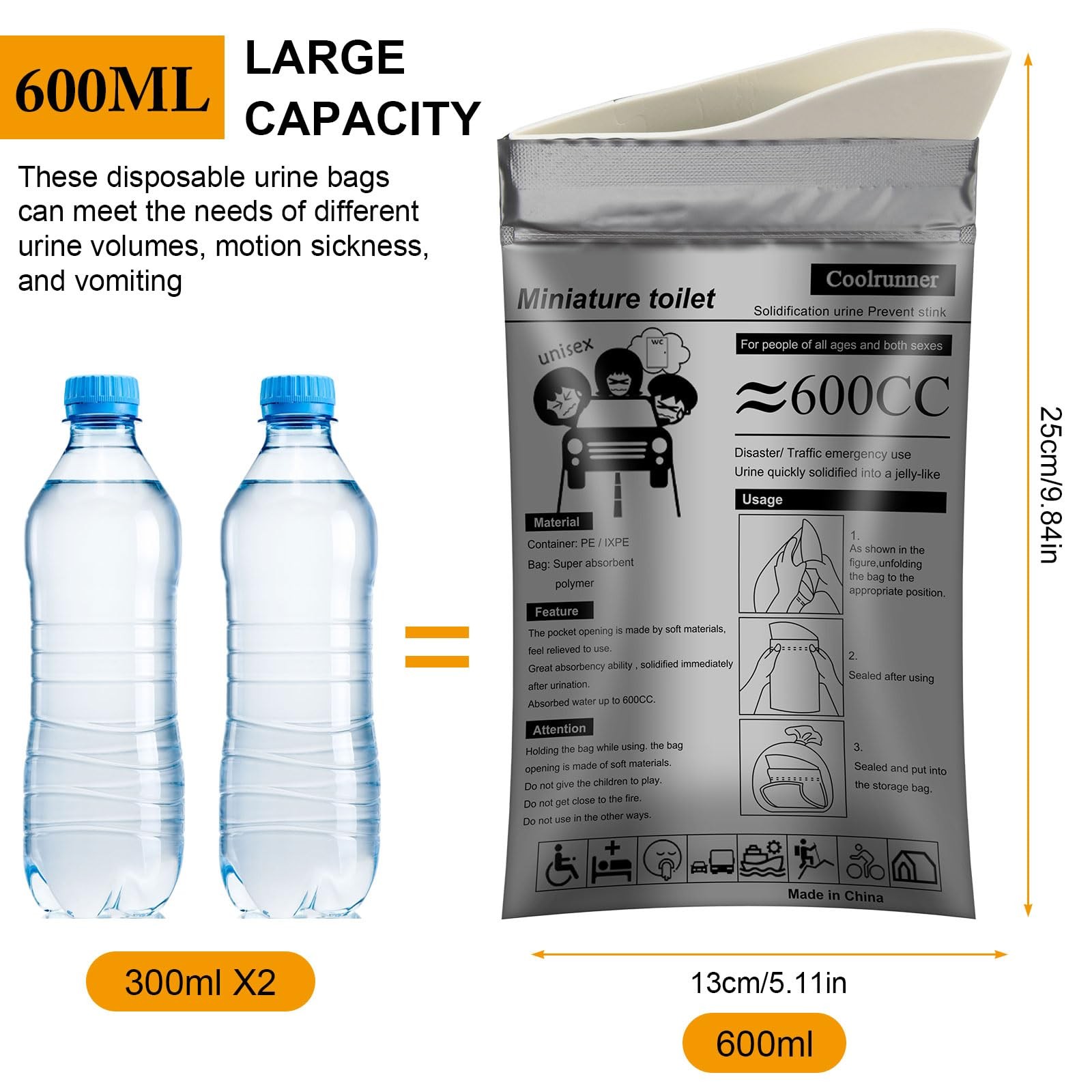 Portable Urine Bags 600ml Emergency Gel Spill Proof Camping Travel Toilet Unisex