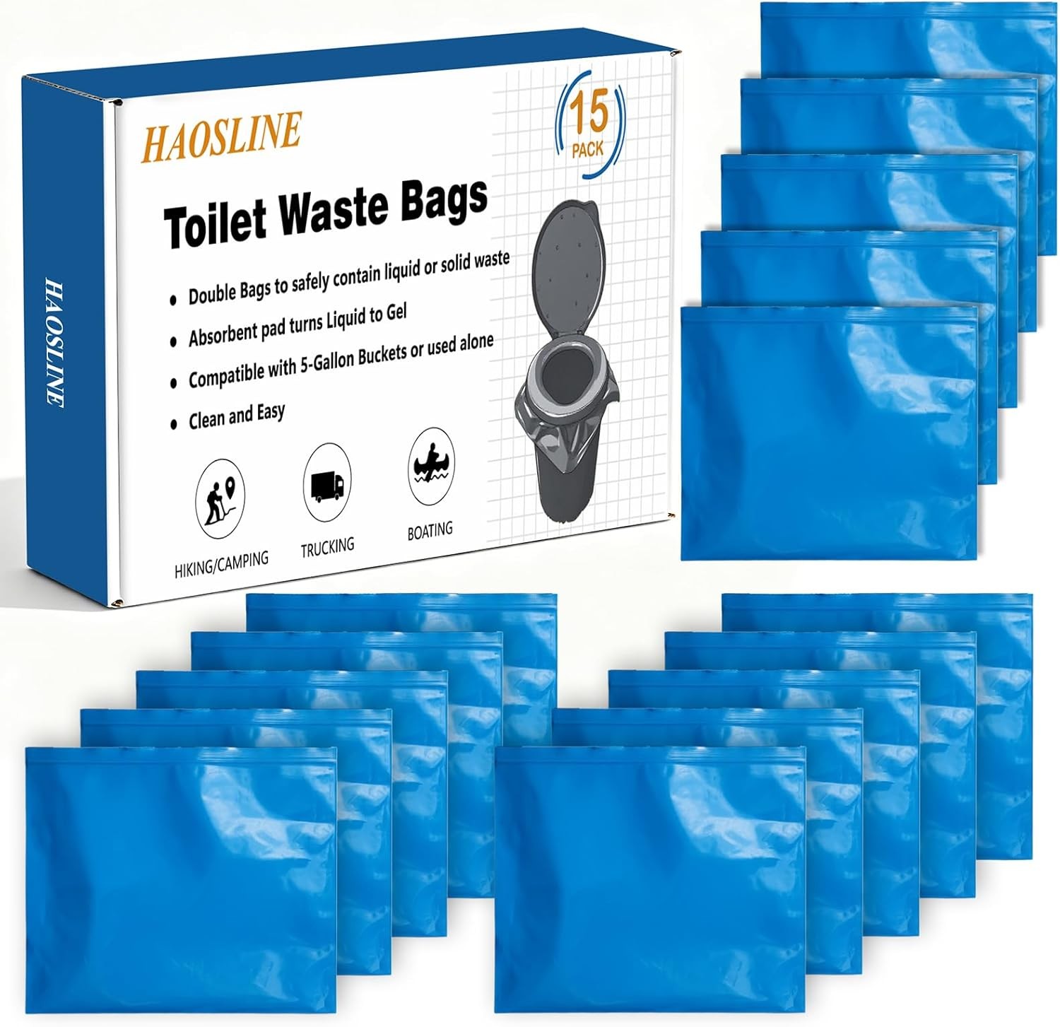 15 Pack Toilet Waste Bags Leak Proof Double Bag Design & Absorbent Pad- Great fo