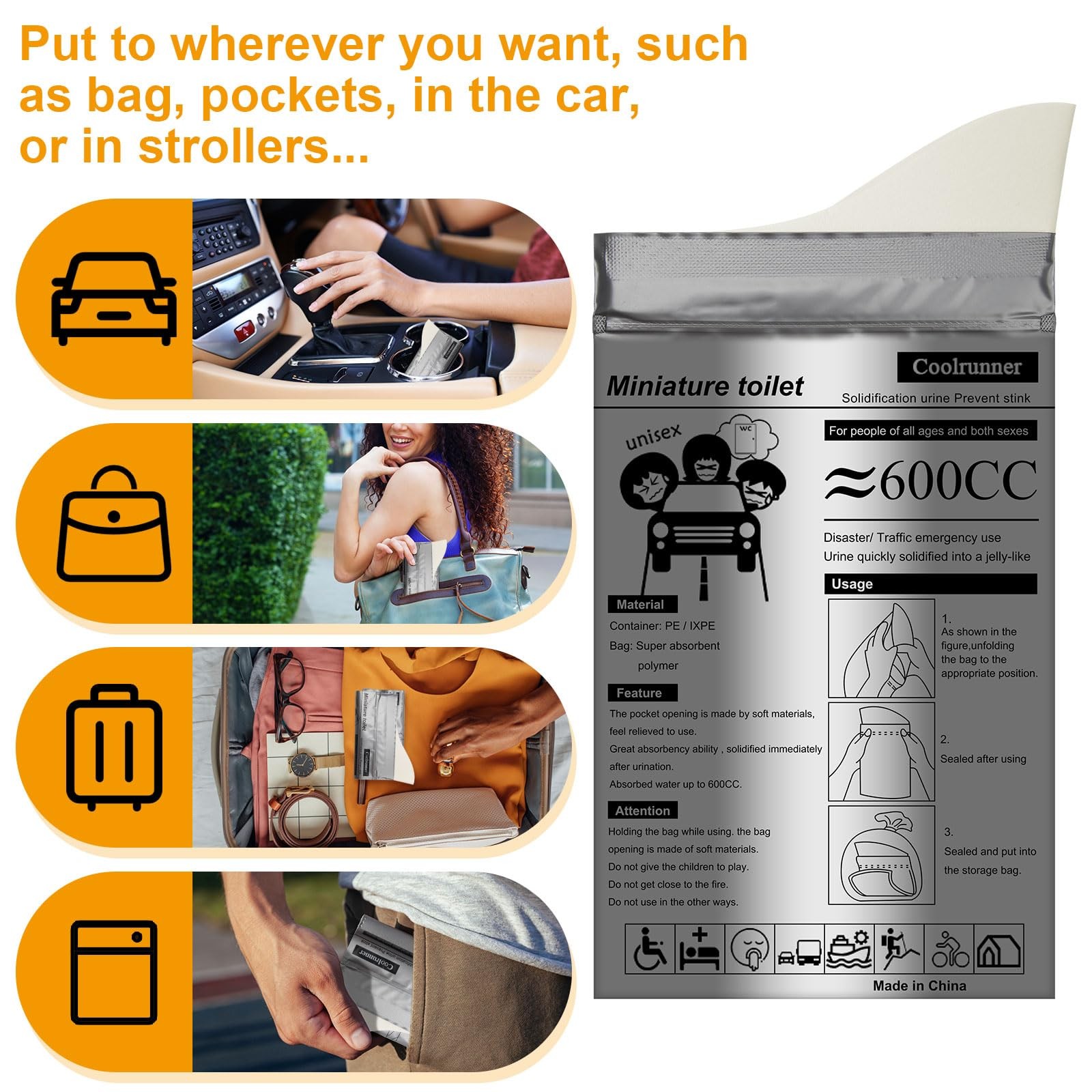 Portable Urine Bags 600ml Emergency Gel Spill Proof Camping Travel Toilet Unisex