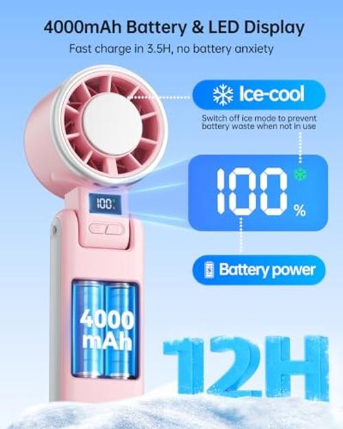 Portable Handheld Turbo Fan with Ice Cooling, 5 Speed Battery Pink