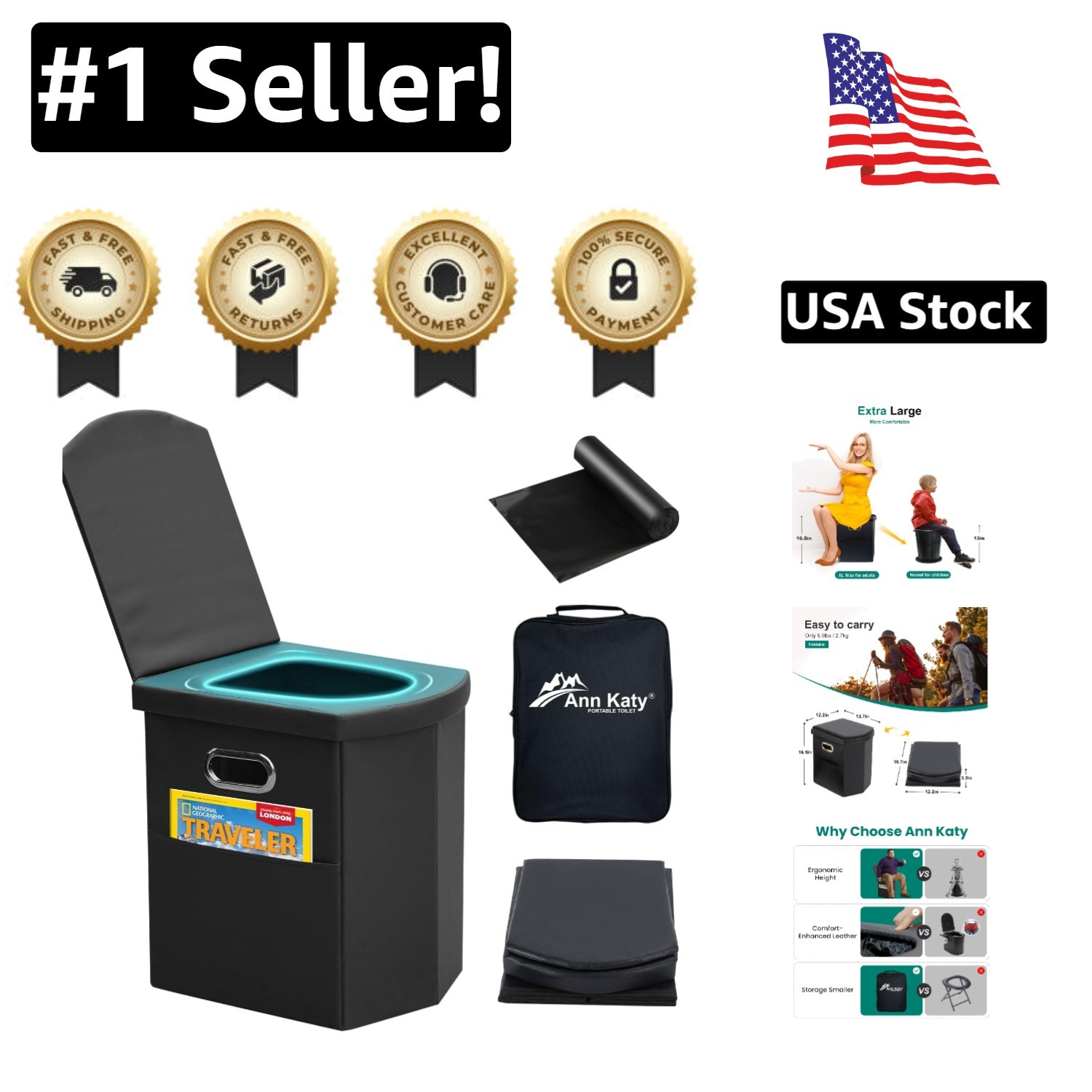 Ergonomic Extra Large Folding Portable Toilet for Camping & Travel – 16.5” High