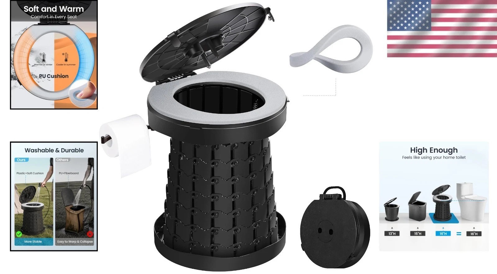 Comfortable Foldable Camping Toilet – Charcoal Black with User-Friendly Features