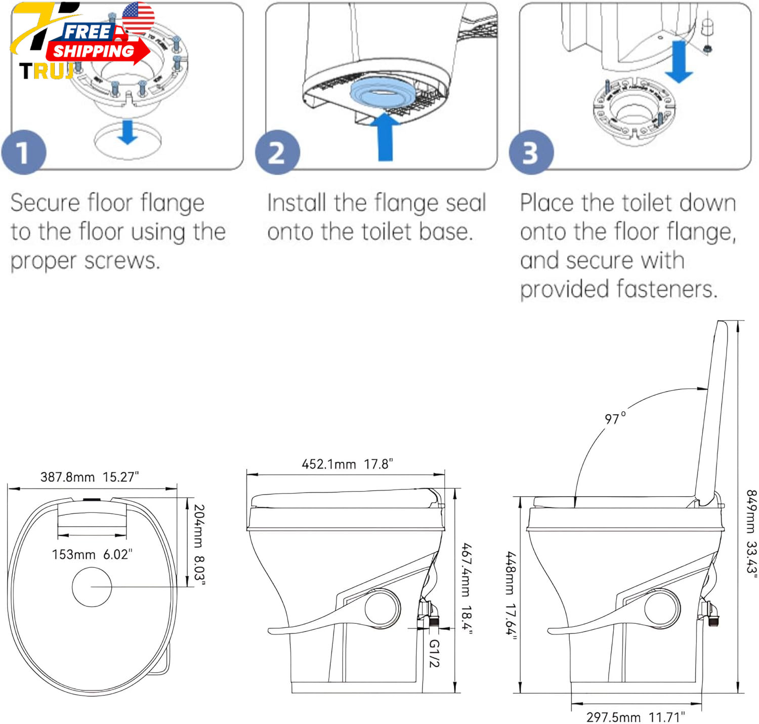 Residential Height Camper/RV Toilet with Sprayer Attachment 18.5” Standard Heigh