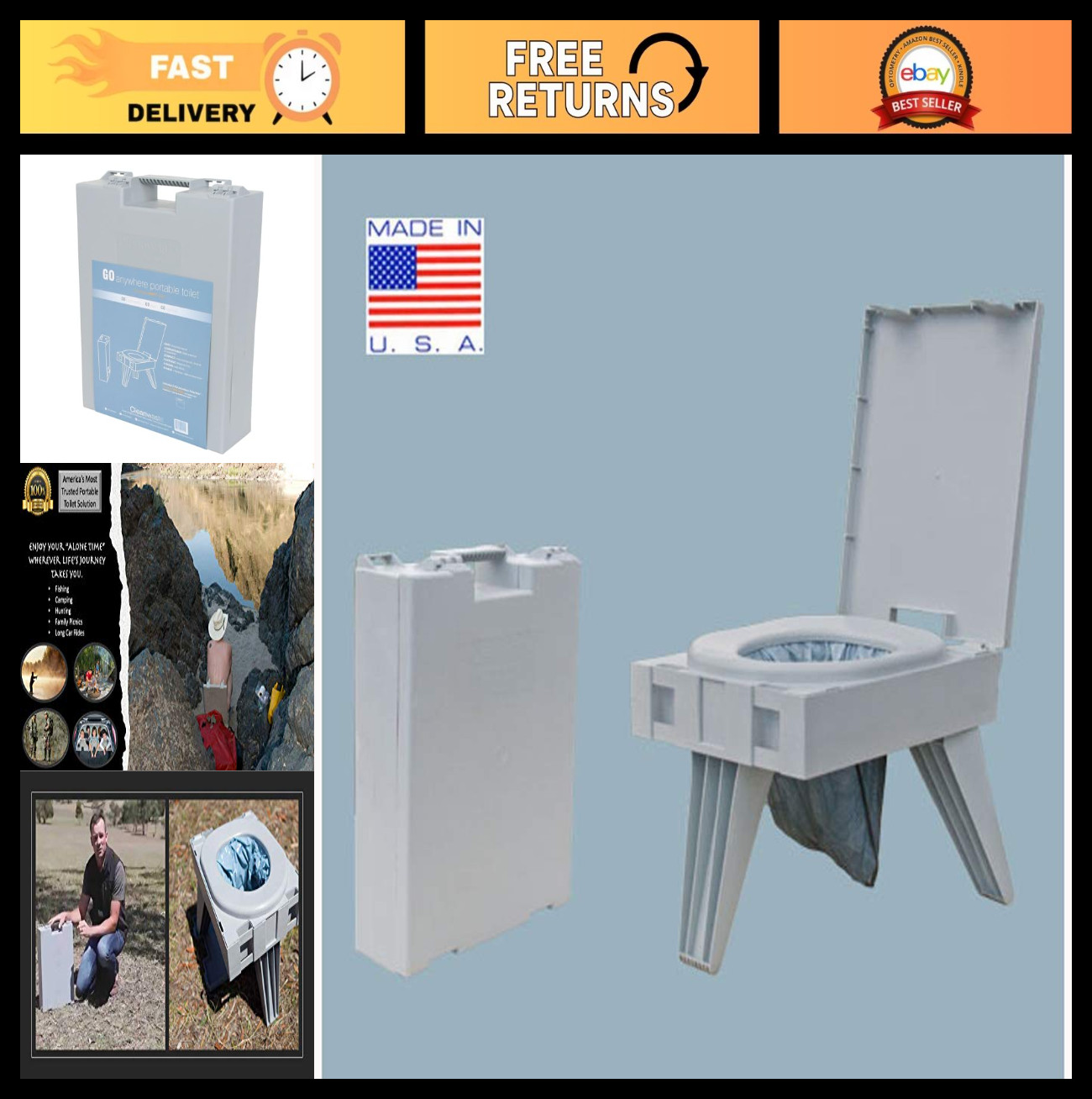 Portable Camping Toilet – Complete Kit for Camping, Hunting, Fishing – 3 Bonus K