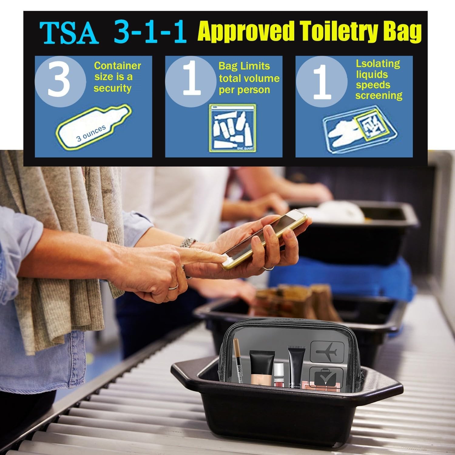 MODENGKONGJIAN TSA Approved Toiletry Bag, 3 Pcs Clear Toiletries Bags Quart Size
