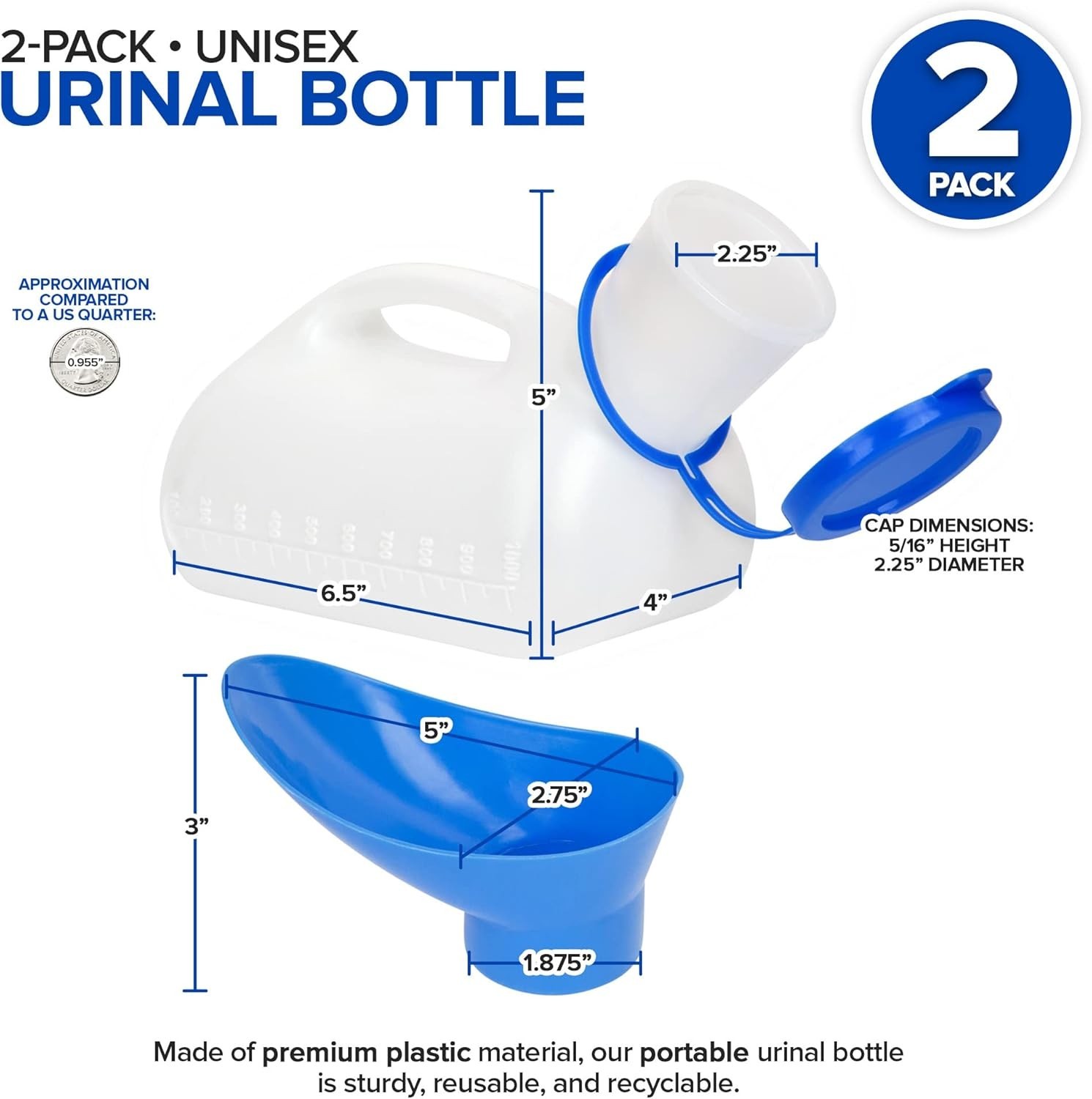 Unisex Urinal Bottle 2 Pack – Portable Urinal for Women & Men – Female Urinal…
