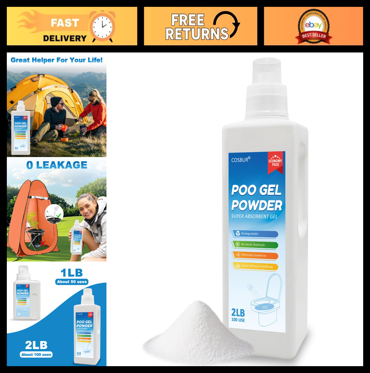 Portable Toilet Powder Gel – Waste Solidifier for Camping, RV, Travel, Pet Use