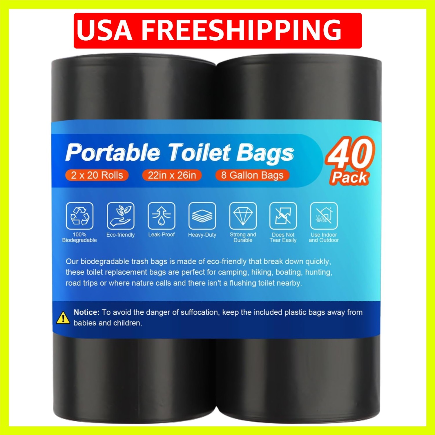 40 Portable Camping Toilet Bags, Biodegradable Compostable Thickened for 5 Ga…
