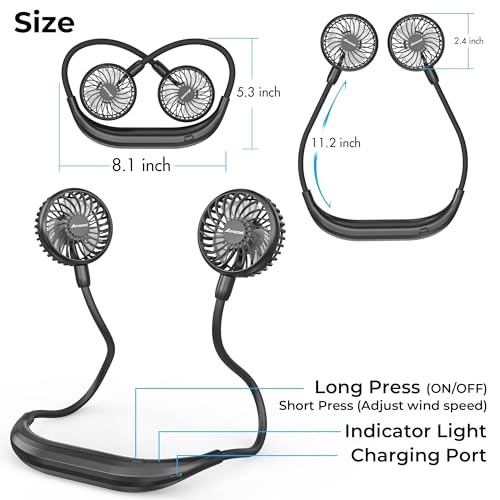 2600mAh Portable Neck Fan, Wearable Hands-Free Battery Operated with Black