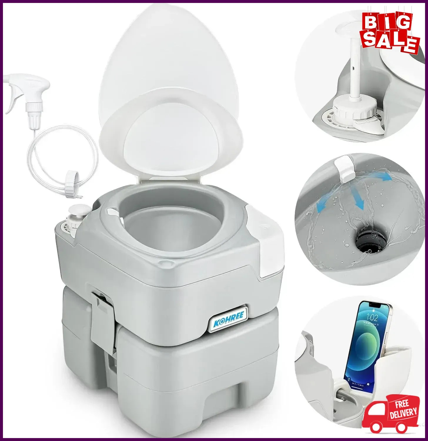Camping Toilet Portable 5.3 Gal: 20L Porta Potty for Adults with Diagonal Elonga