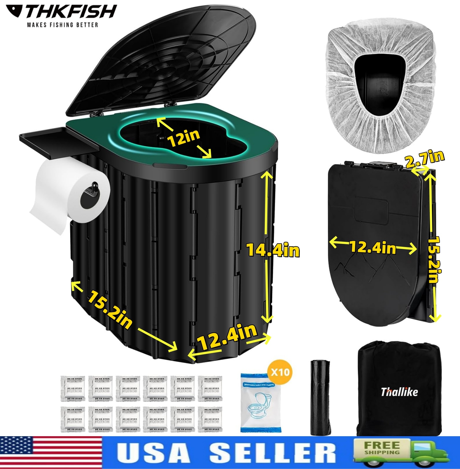 XL Foldable Camping Toilet with Detachable Phone Shelf and Toilet Paper Holder