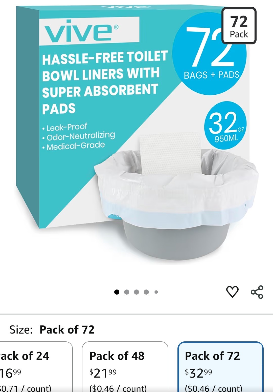 Vive Toilet and Commode Liners with Super Absorbent Pads (72 Pack)