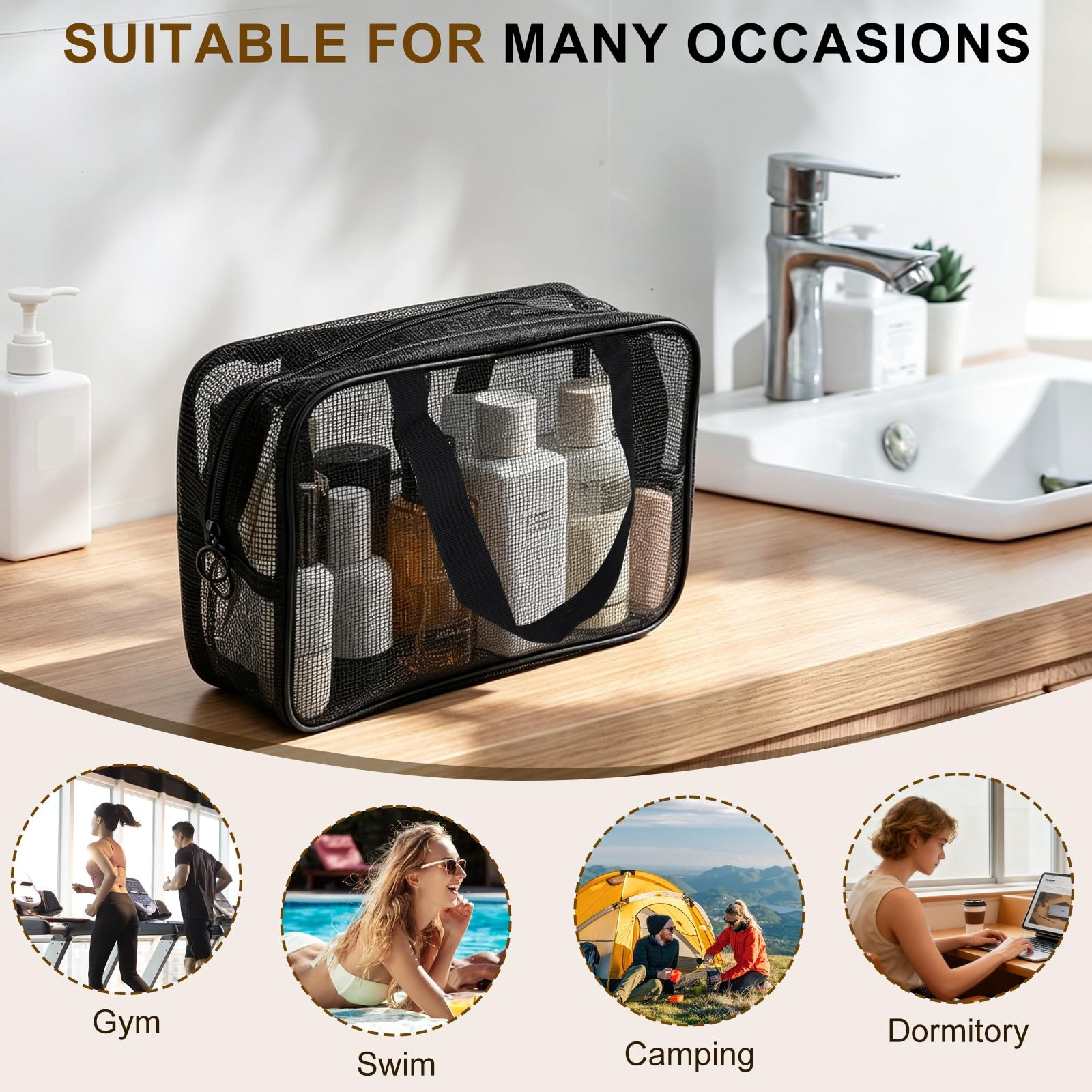 Qandora Mesh Shower Toiletry Caddy Bag Portable for Travel Gym Bathroom Black