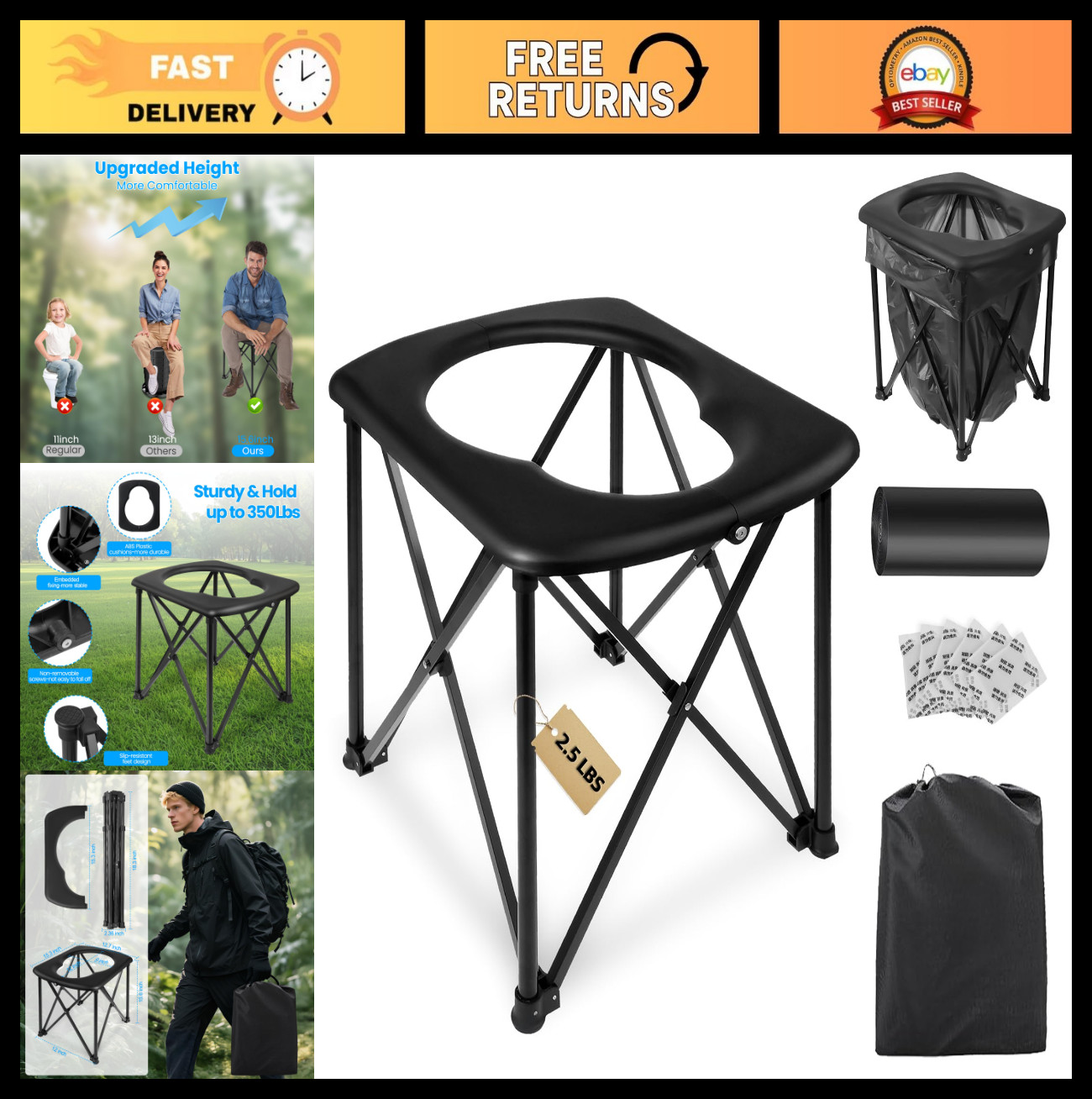 Ultralight 15.6” Portable Camping Toilet – Foldable, 350LBS Capacity, Quick Set