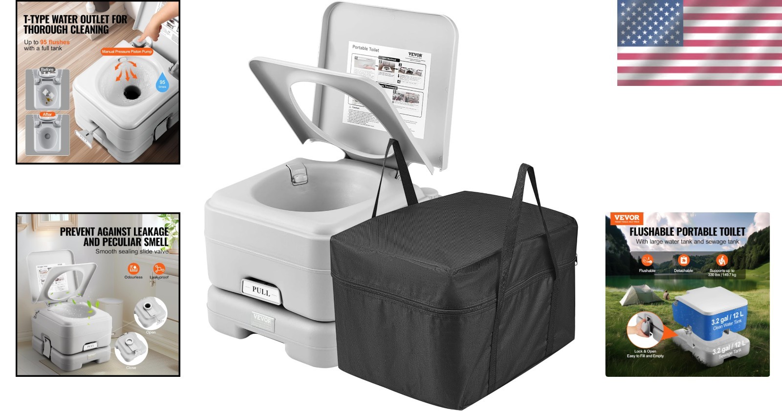 Portable Camping Toilet 3.2 Gal Flush, Pressurized Commode, Level Indicator