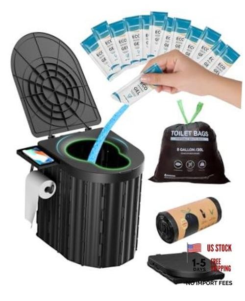 Portable Toilet with Urine Gel & Leak-Proof Black Toilet and Blue Urine Gel
