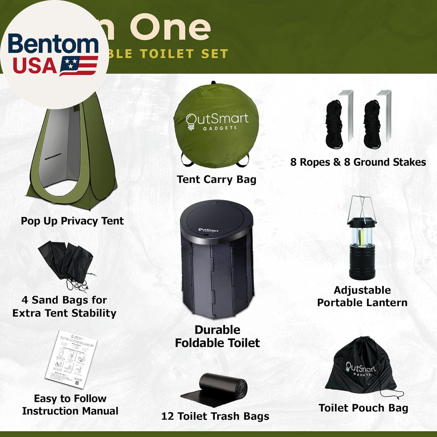 Outdoor Portable Toilet Set for Adults with Camping Night Lantern, Folding XL To