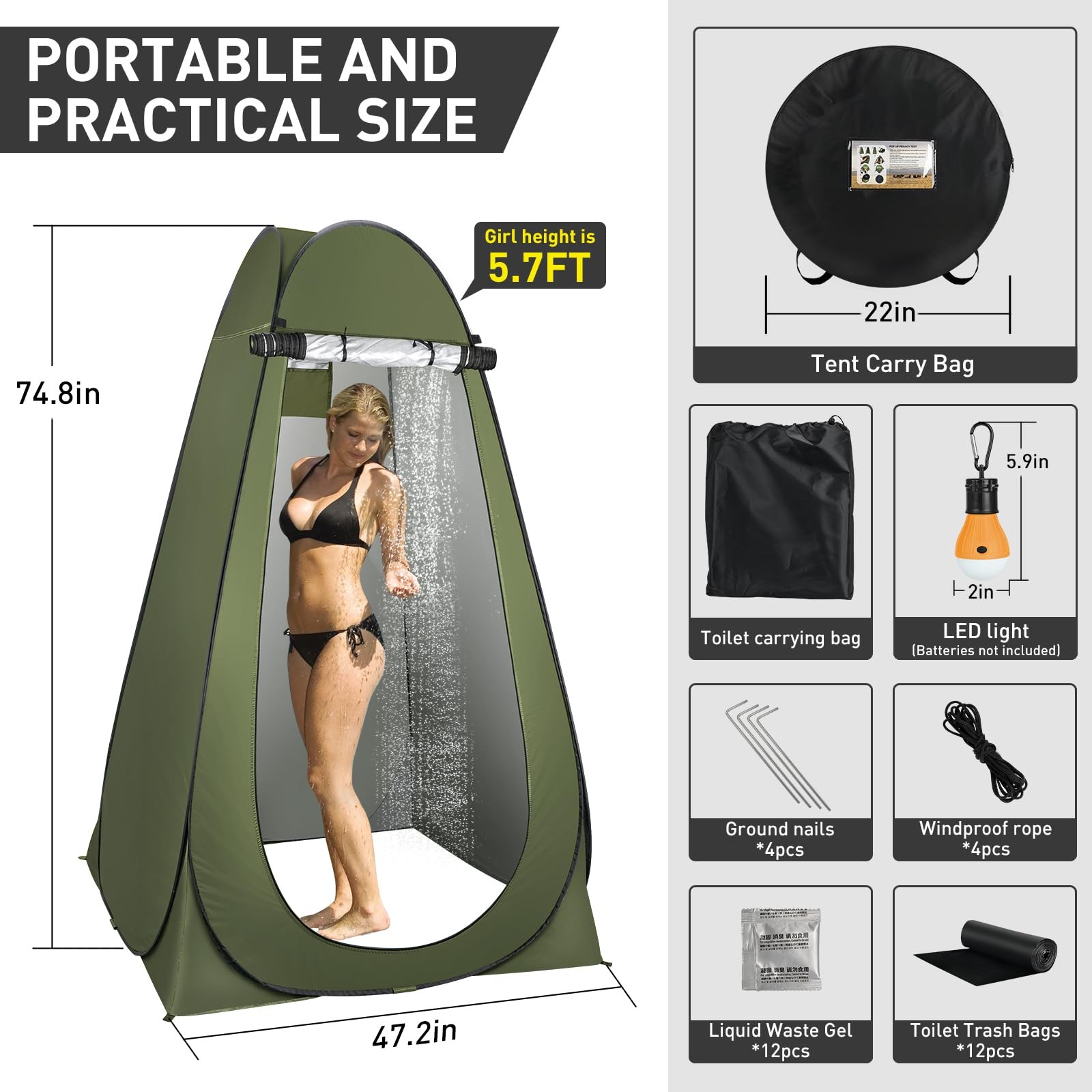 Portable Camping Toilet with Pop-Up Privacy Tent, 12-inch Toilet Seat, Outdoo…