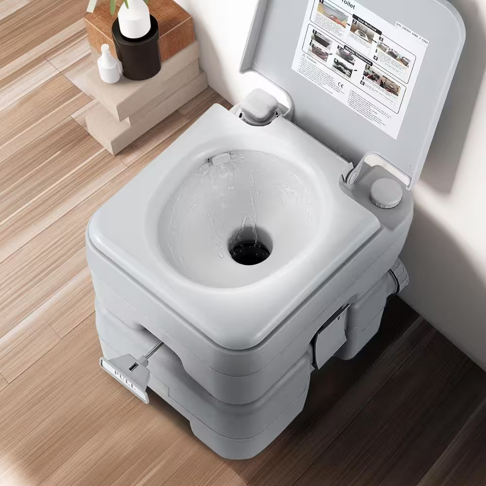 Portable Toilet 5.3 Gal. Waste Tank, 3.2 Gal. Flush Tank, Push-Button Pressurize