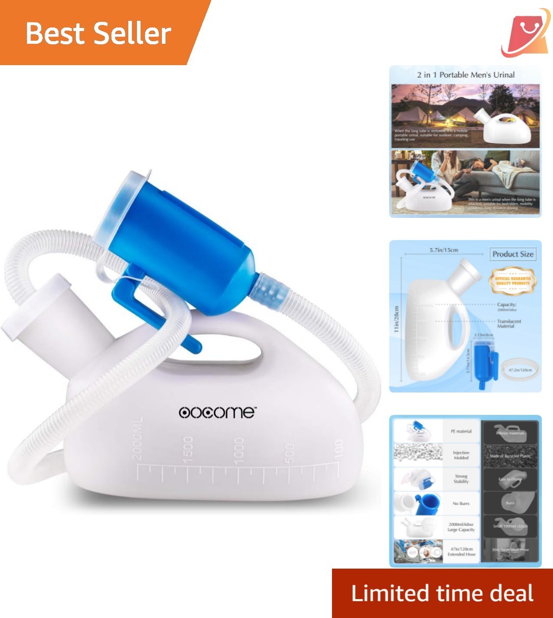 Male Portable Urinal Bottle Reusable Spill Proof Camping Bedside 2000ml
