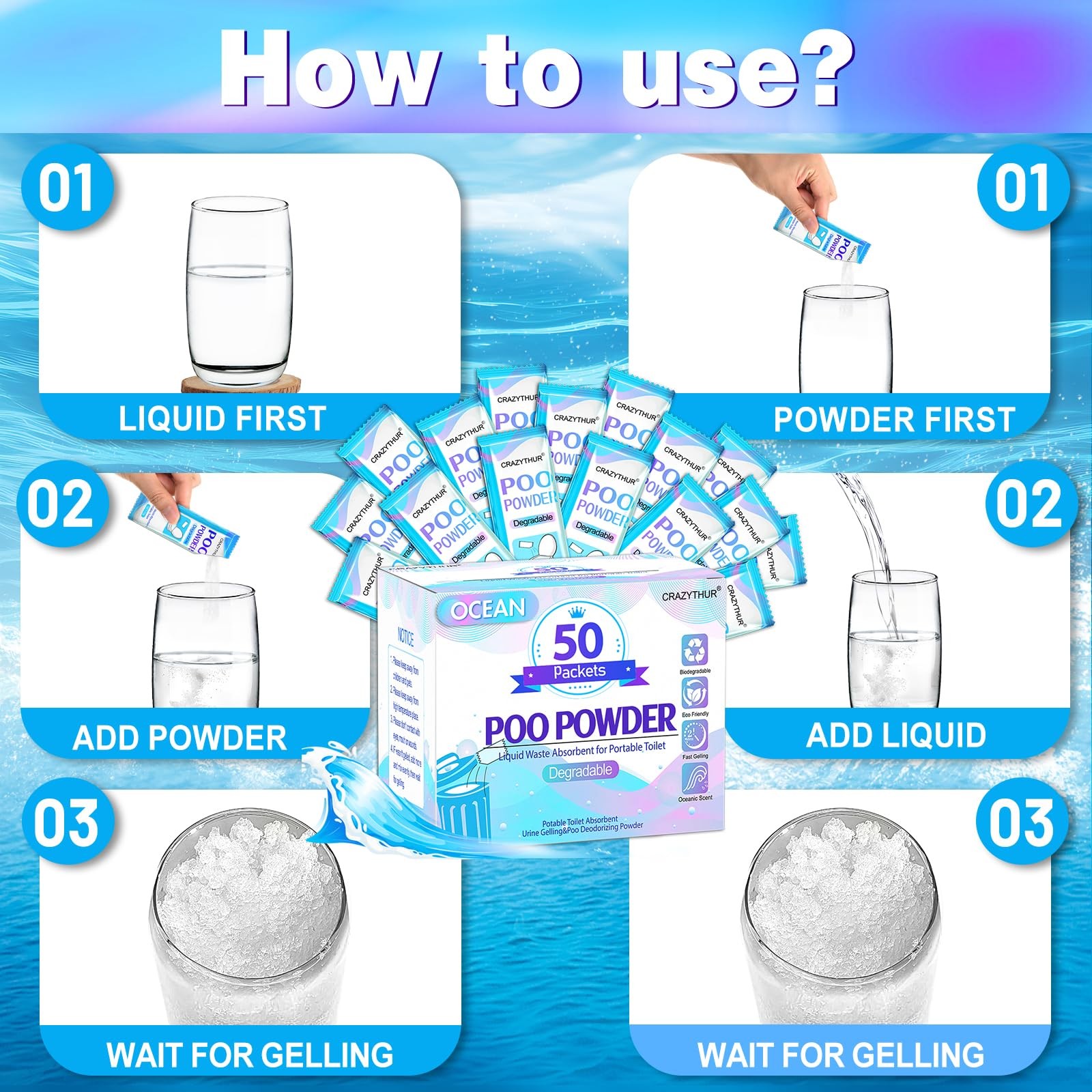 CRAZYTHUR Portable Toilet Gel, 50 0.35 Ounce (Pack of 50), 50Pcs-Ocean
