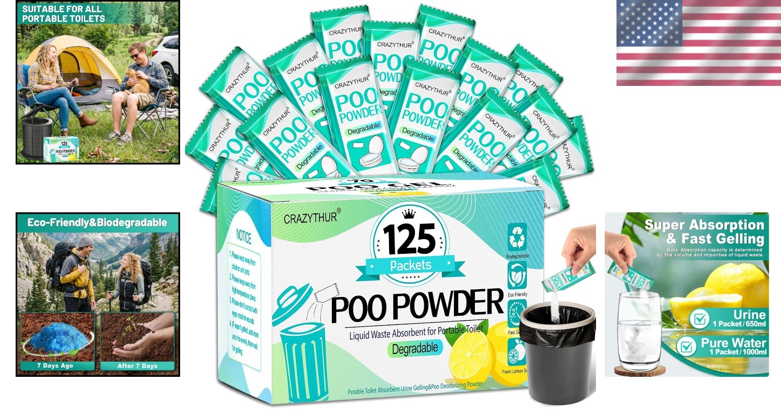 Biodegradable Camping Toilet Gel Powder, Lemon Scent – 125 Sachets for Outdoors