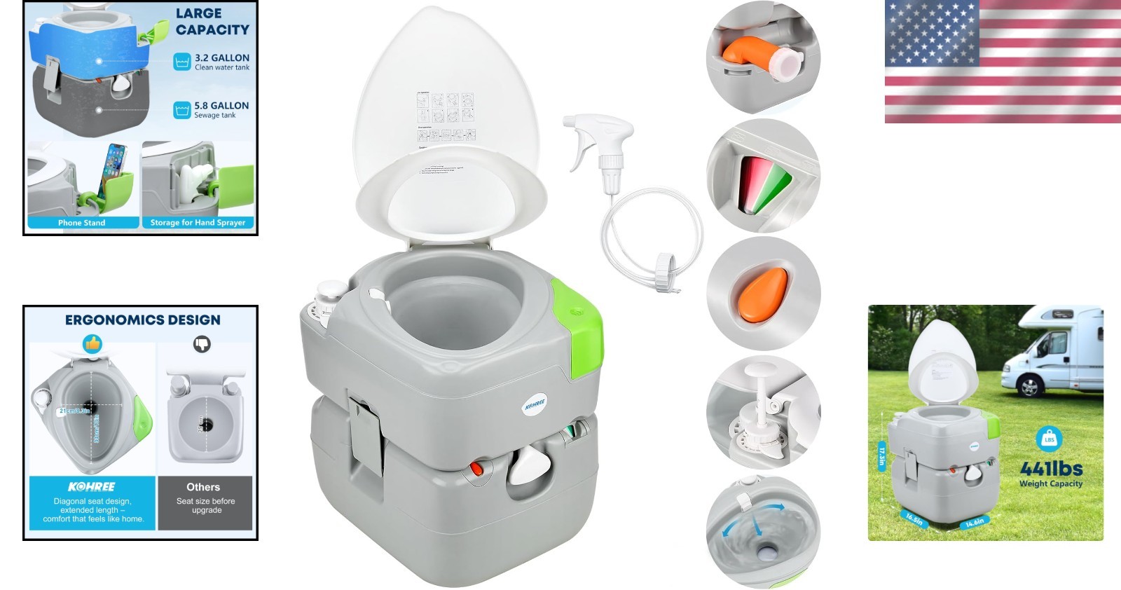 Ergonomic 5.8 Gallon Camping Toilet with Level Indicator for Outdoor Comfort