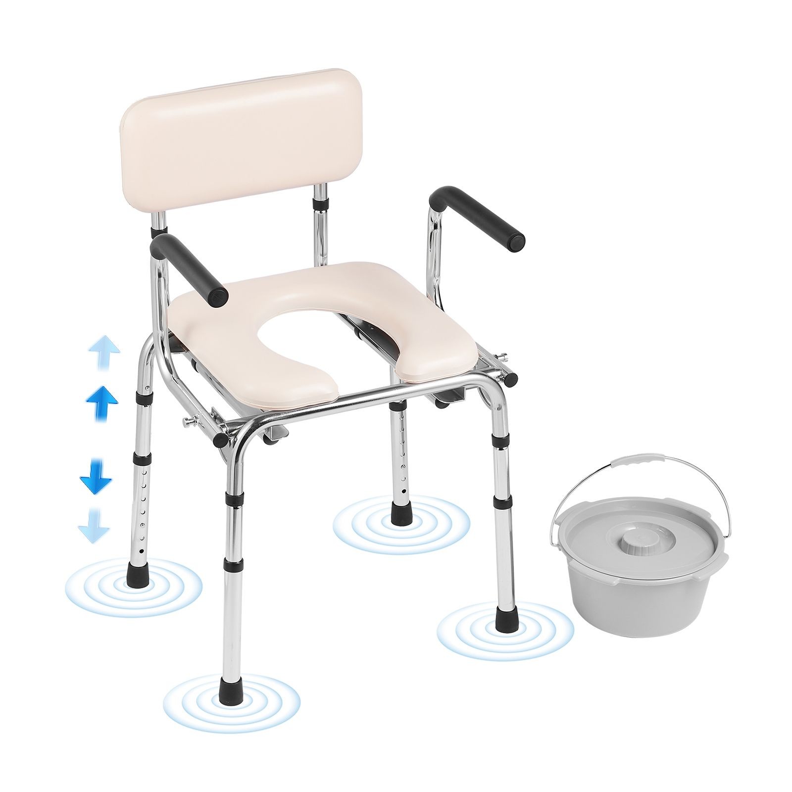 Commode Chair, Bedside Commode with Padded Seat, Drop – Down Arms, 7 – Level
