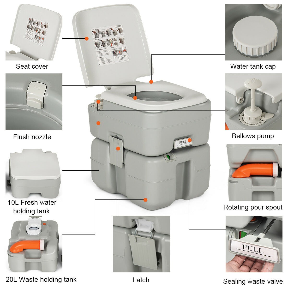 5.3 Gallon Portable Travel Toilet Outdoor Camping Toilet w/ Piston Pump Flush