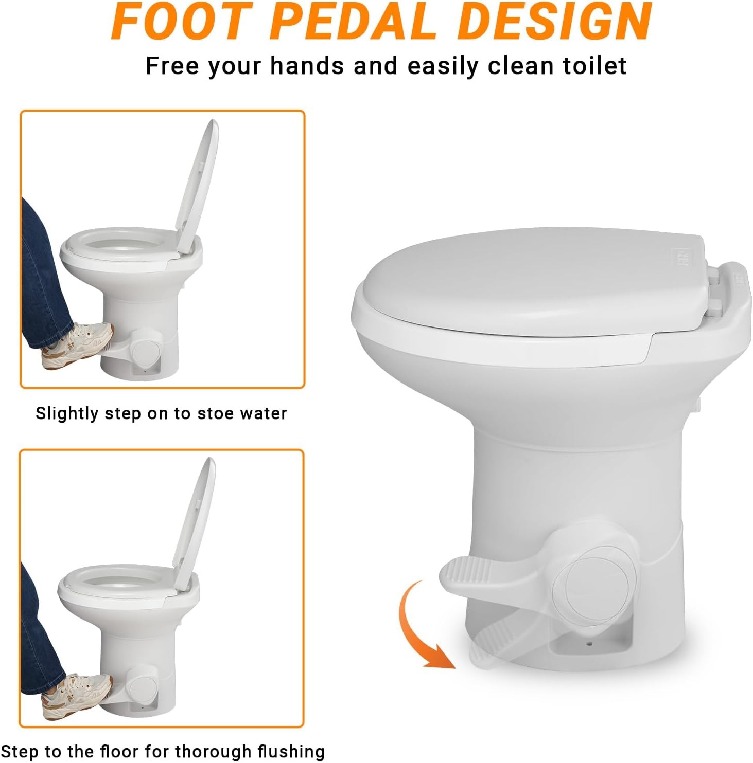 RV Toilet Gravity Flush Toilet W/ Foot Pedal Flush Standard Height Gravity