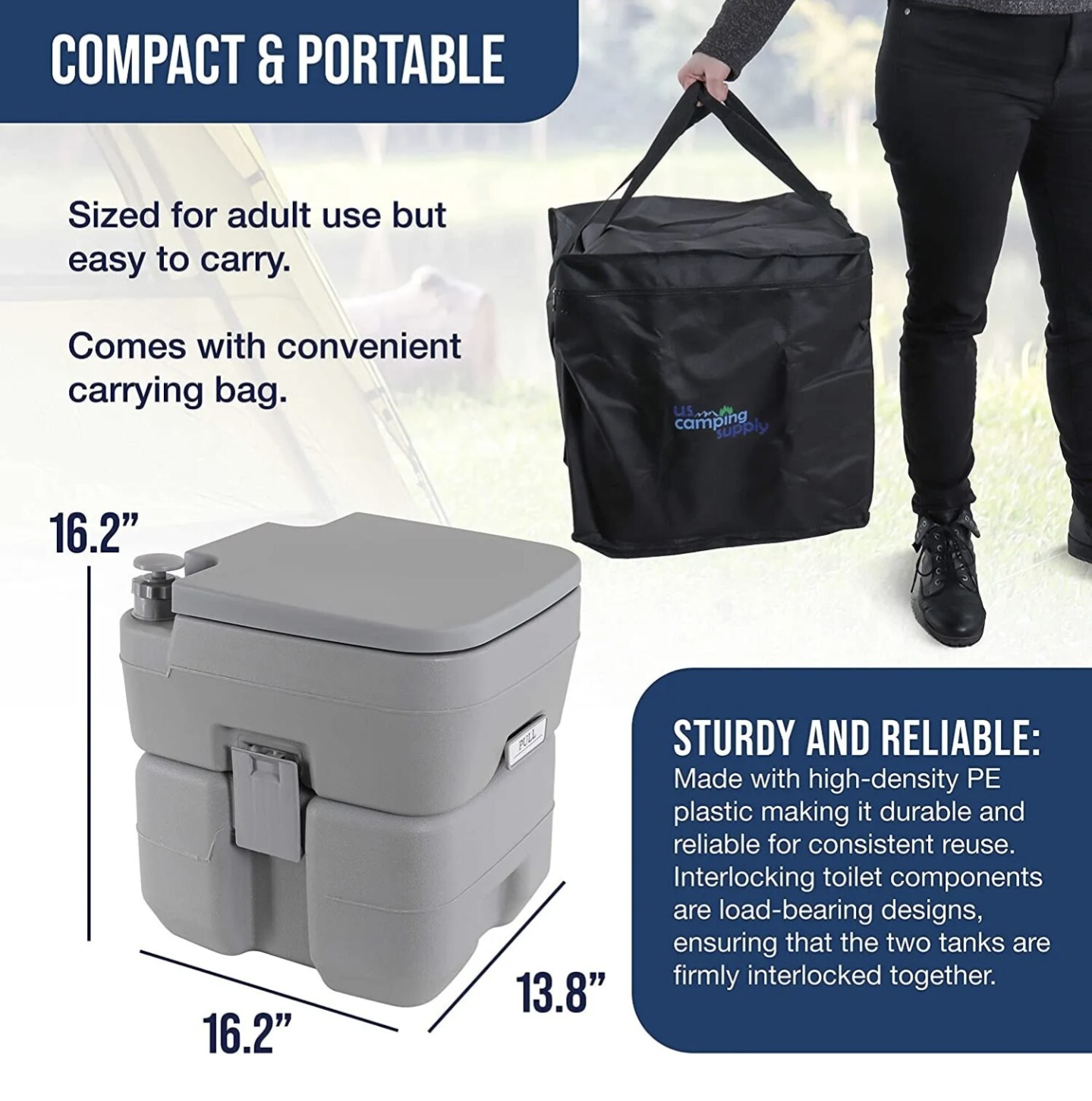 U.S. Camping Supply Portable Toilet with Carry Bag, 5.3 Gallon Waste Tank – Comp