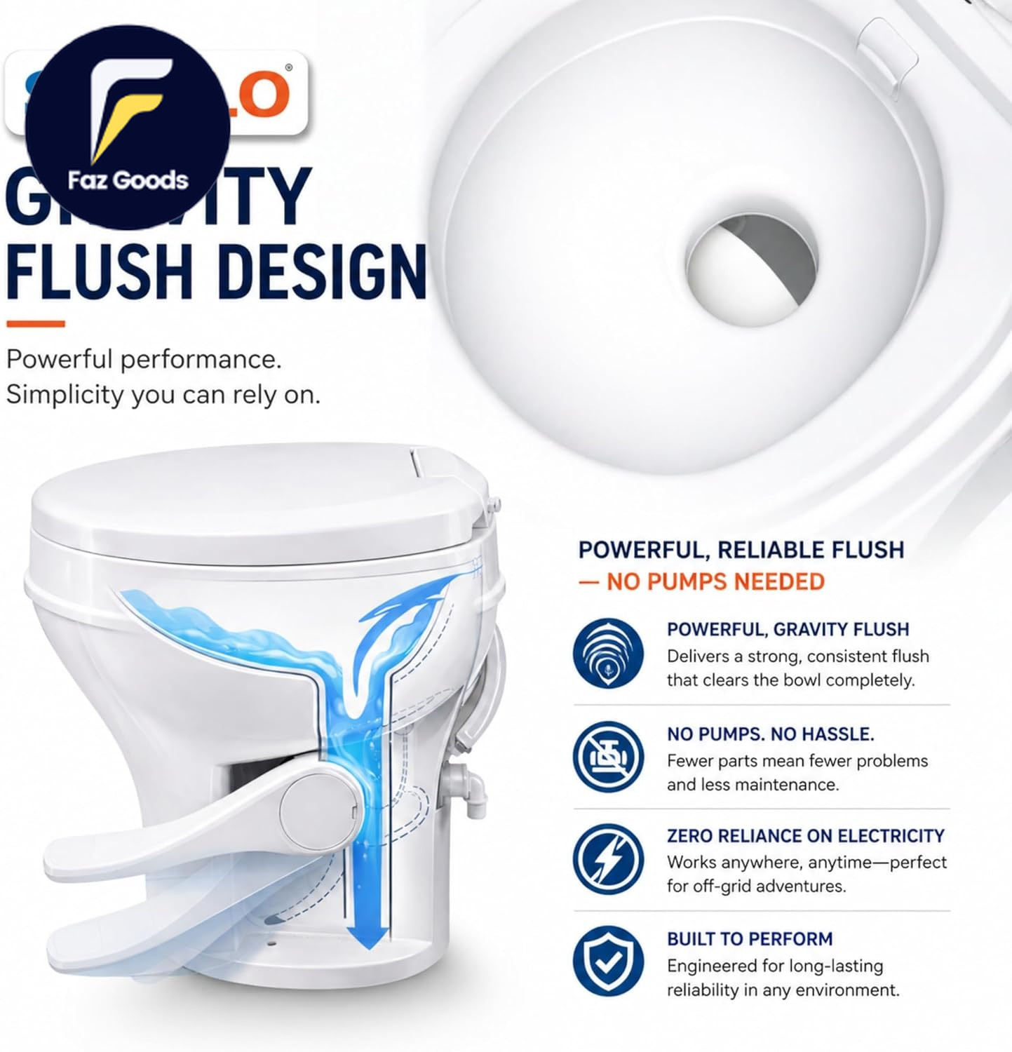 RV Toilet with Sprayer Attachment White 18.4” Residential Height, Gravity Flush
