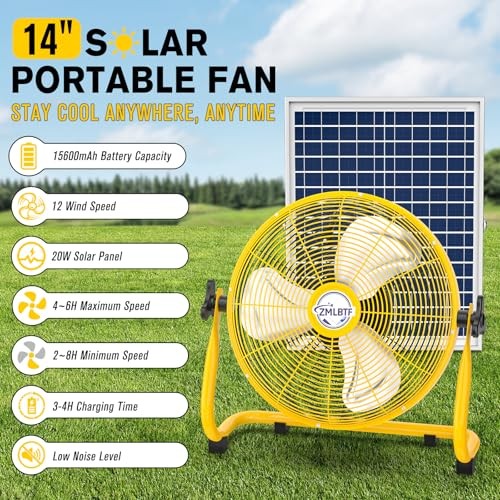 14″ Solar Powered Fan with 20W Solar Panel & Rechargeable Battery, 14″ Yellow