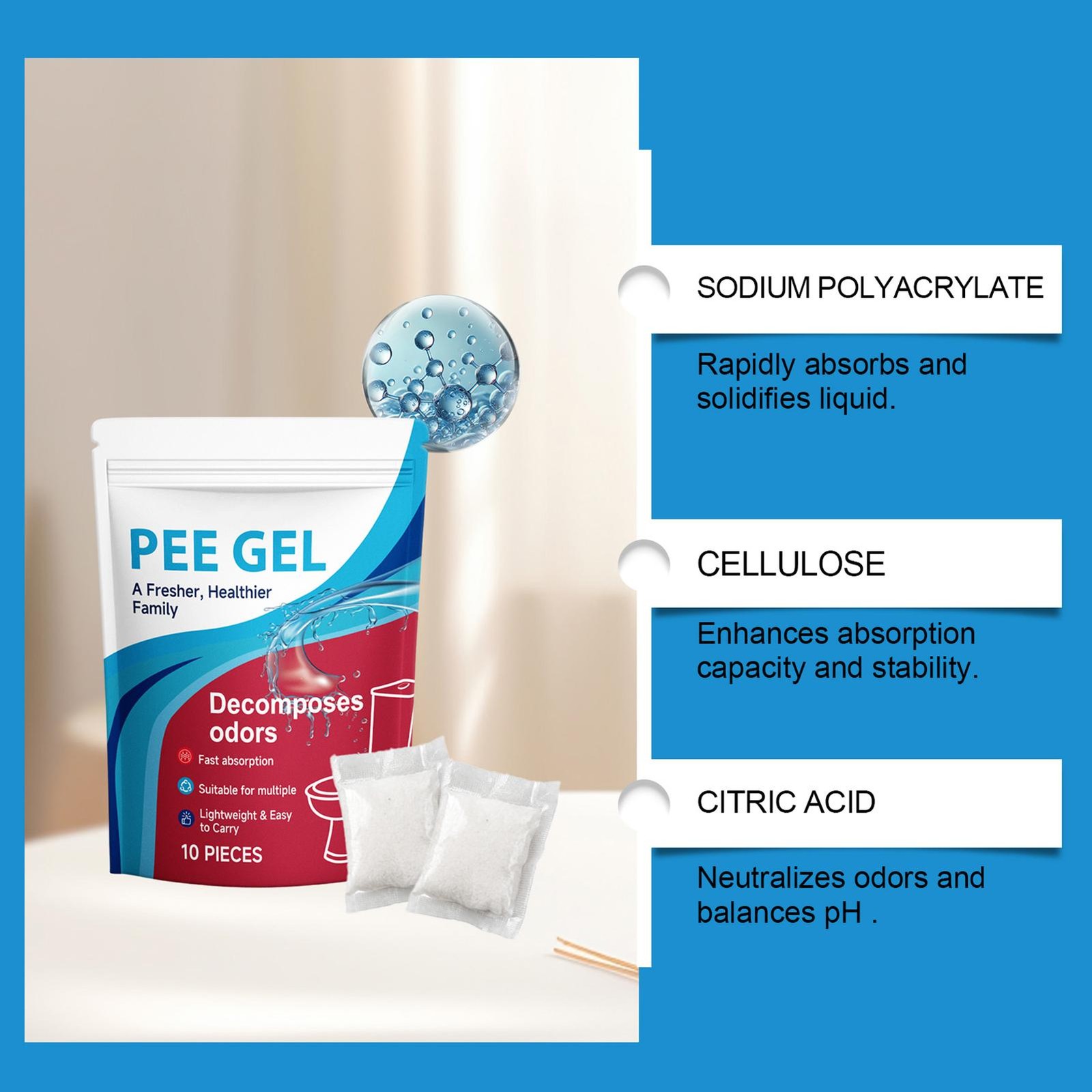 10pcs Portable Toilet Gel Urine Solidifier,Odor Neutralizer, Pee Absorbent Gel